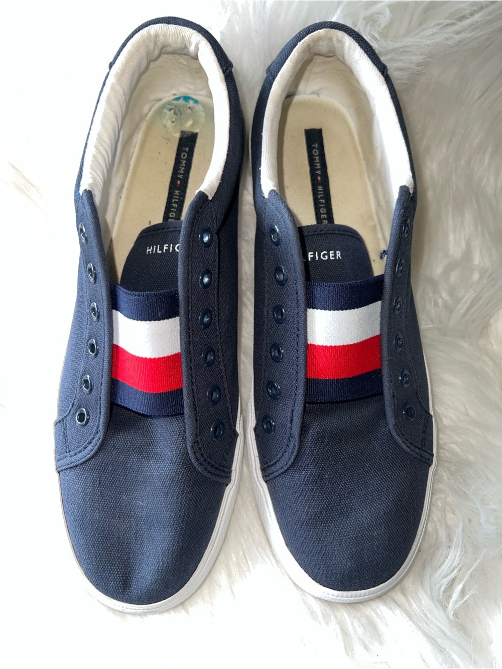Tommy Hilfiger Men's Navy Canvas Slip-On Sneakers with Red and White Stripe